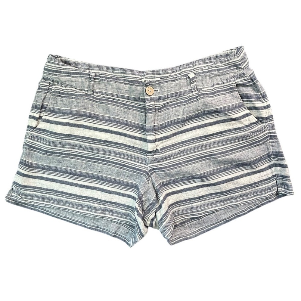 Artisan NY Linen Shorts Womens Size 12 Blue and White Striped 100% Linen Pockets